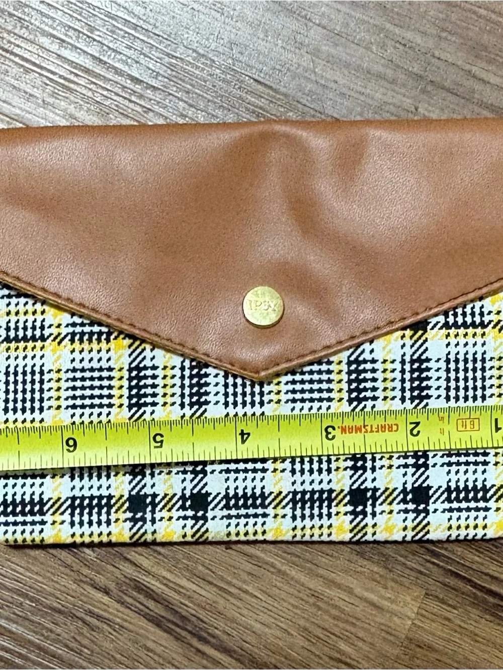 IPSY Plaid Envelope Clutch Cosmetic Makeup Pouch Brown Yellow Snap Small Bag